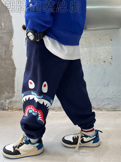 Fashion Brand BAPE Children's Clothing Winter New Boys' Warm Fleece-Lined Trousers Children's Cotton Shark Sports Casual Sweatpants