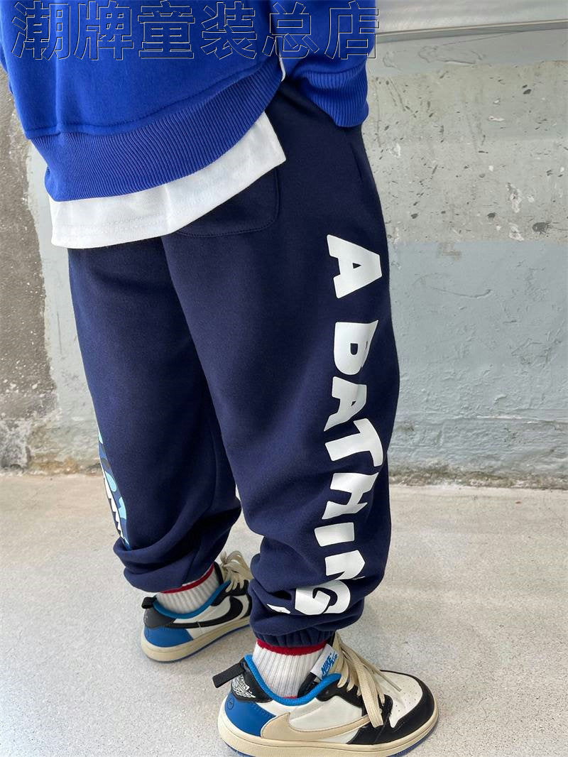 Fashion Brand BAPE Children's Clothing Winter New Boys' Warm Fleece-Lined Trousers Children's Cotton Shark Sports Casual Sweatpants