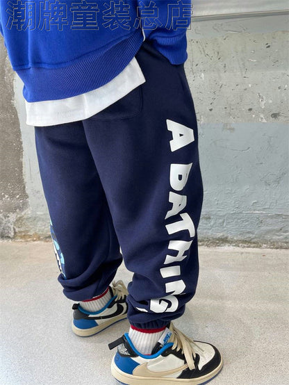 Fashion Brand BAPE Children's Clothing Winter New Boys' Warm Fleece-Lined Trousers Children's Cotton Shark Sports Casual Sweatpants