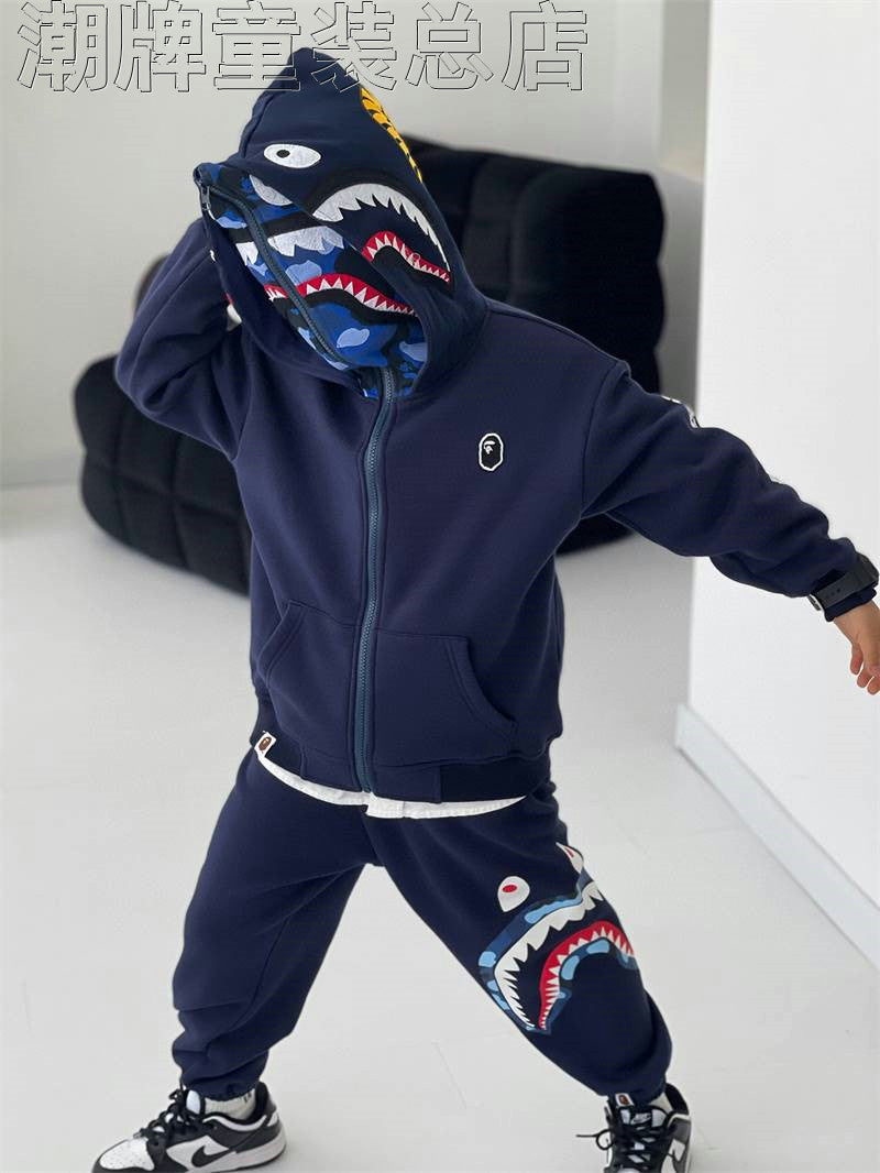 Fashion Brand BAPE Children's Clothing Winter New Boys' Warm Fleece-Lined Trousers Children's Cotton Shark Sports Casual Sweatpants