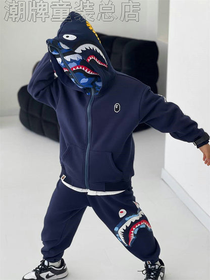 Fashion Brand BAPE Children's Clothing Winter New Boys' Warm Fleece-Lined Trousers Children's Cotton Shark Sports Casual Sweatpants
