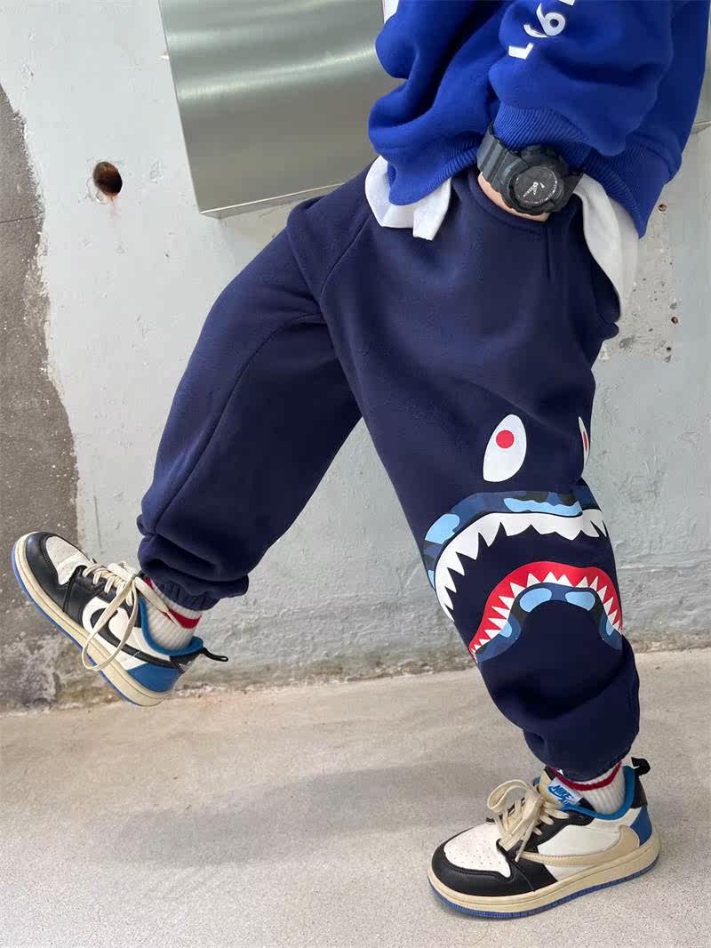 Fashion Brand BAPE Children's Clothing Winter New Boys' Warm Fleece-Lined Trousers Children's Cotton Shark Sports Casual Sweatpants