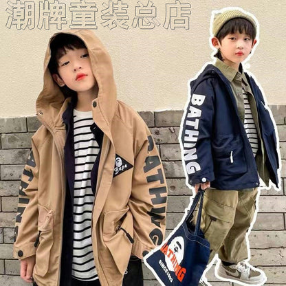 Japanese Fashion Brand BAPE Children's Clothing 2022 New Boys' Baby Zipper Jacket Children's Hooded Trench Coat