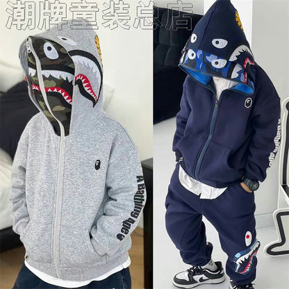 Japanese Fashion Brand BAPE Children's Clothing Winter New Boys and Girls Shark Double Hat Zipper Hooded One-Piece Velvet Coat