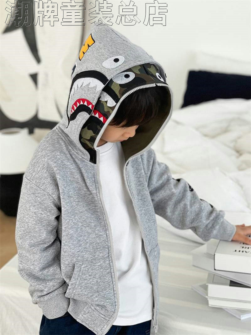 Japanese Fashion Brand BAPE Children's Clothing Winter New Boys and Girls Shark Double Hat Zipper Hooded One-Piece Velvet Coat