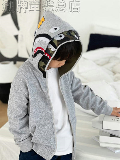 Japanese Fashion Brand BAPE Children's Clothing Winter New Boys and Girls Shark Double Hat Zipper Hooded One-Piece Velvet Coat