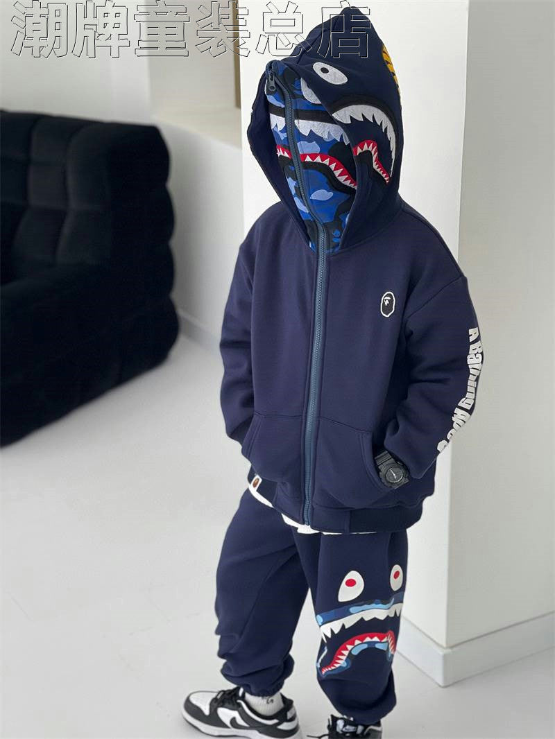 Japanese Fashion Brand BAPE Children's Clothing Winter New Boys and Girls Shark Double Hat Zipper Hooded One-Piece Velvet Coat