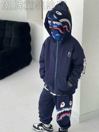 Japanese Fashion Brand BAPE Children's Clothing Winter New Boys and Girls Shark Double Hat Zipper Hooded One-Piece Velvet Coat