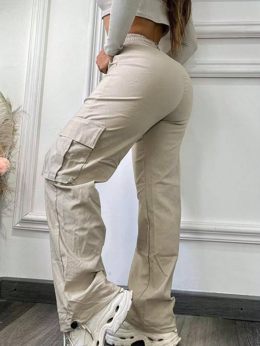 S391319 Cross-Border European and American Fashion Pants High-Waisted Straight Multi-Flap Pocket Pants Workwear Style Pants Casual Pants for Women