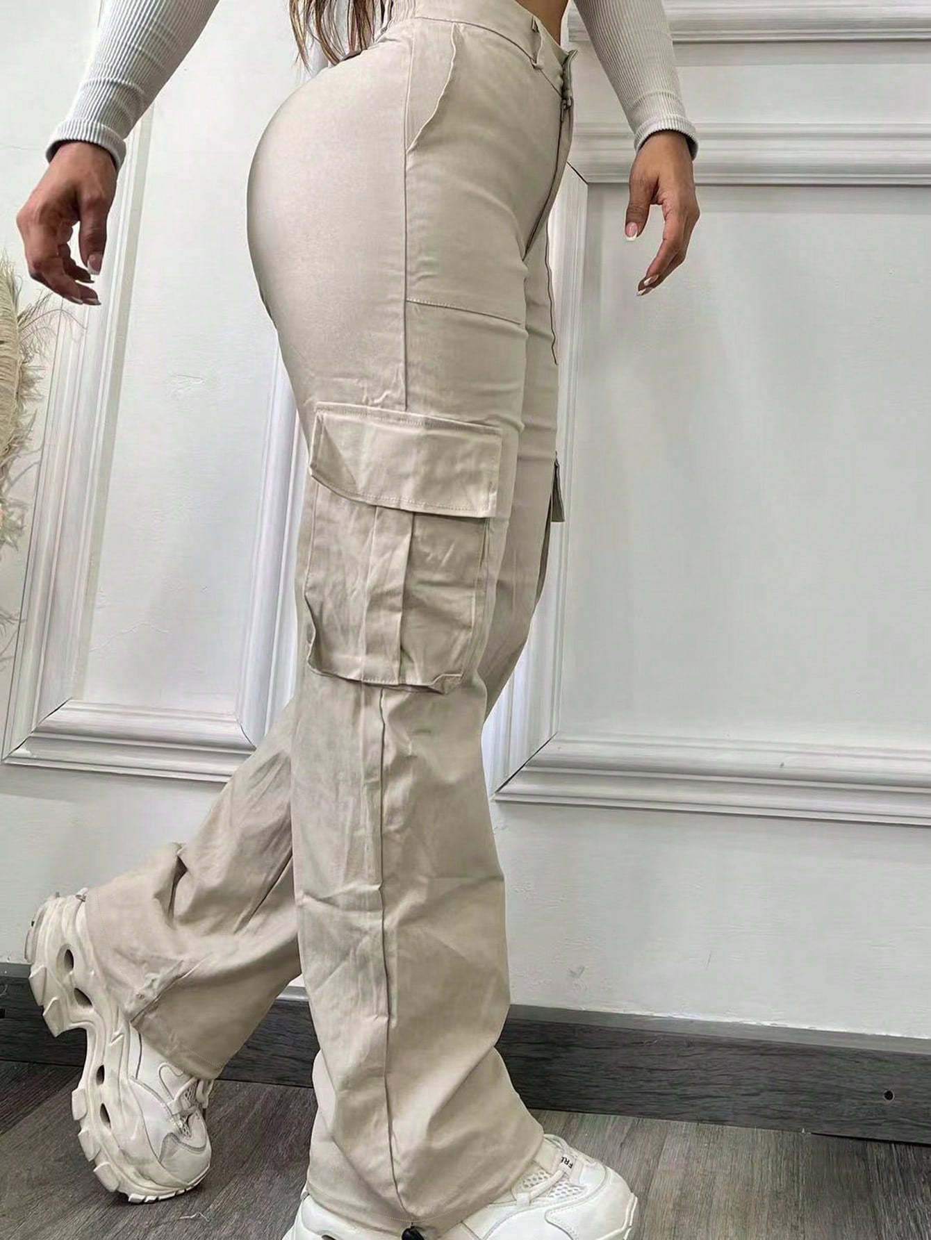 S391319 Cross-Border European and American Fashion Pants High-Waisted Straight Multi-Flap Pocket Pants Workwear Style Pants Casual Pants for Women