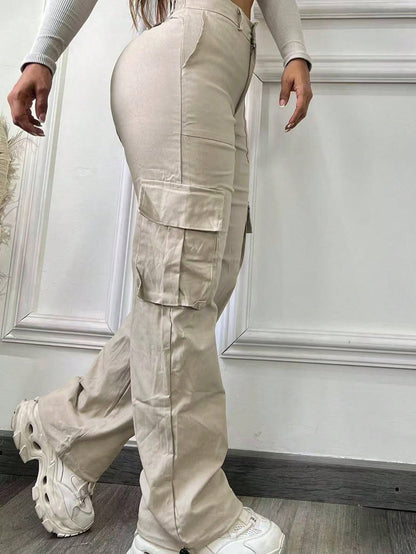 S391319 Cross-Border European and American Fashion Pants High-Waisted Straight Multi-Flap Pocket Pants Workwear Style Pants Casual Pants for Women