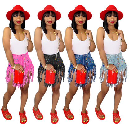 S390340 Cross-Border Wholesale European and American Popular Tassel Brushed Denim Shorts Women's Colorful Casual Diamond Denim Hot Pants