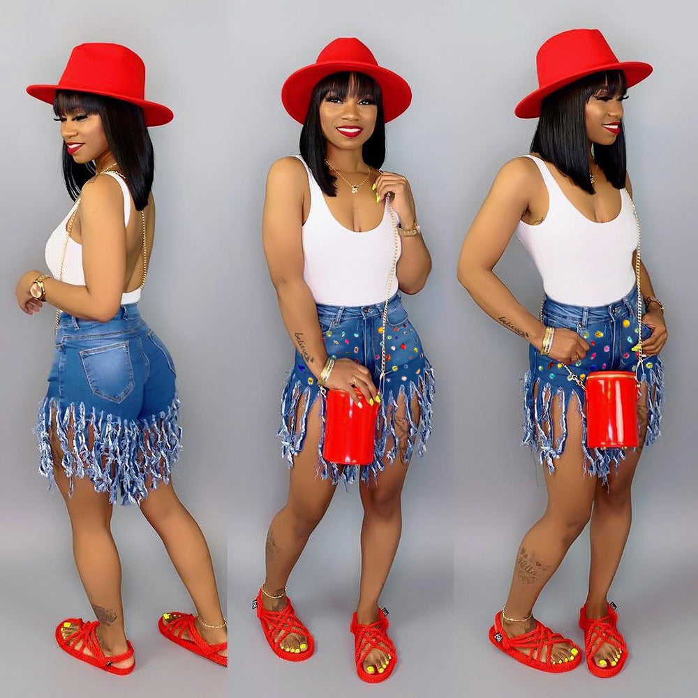 S390340 Cross-Border Wholesale European and American Popular Tassel Brushed Denim Shorts Women's Colorful Casual Diamond Denim Hot Pants
