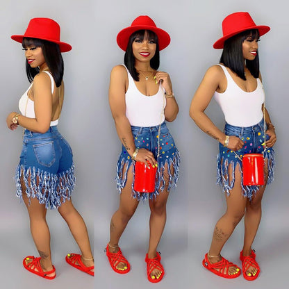 S390340 Cross-Border Wholesale European and American Popular Tassel Brushed Denim Shorts Women's Colorful Casual Diamond Denim Hot Pants