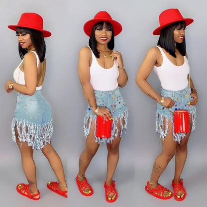 S390340 Cross-Border Wholesale European and American Popular Tassel Brushed Denim Shorts Women's Colorful Casual Diamond Denim Hot Pants