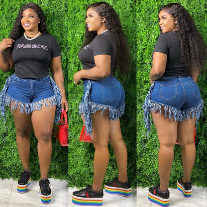S3850 Cross-Border Wholesale European and American Popular Tassel Brushed Denim Shorts Women's Jeans Casual Straight Pants