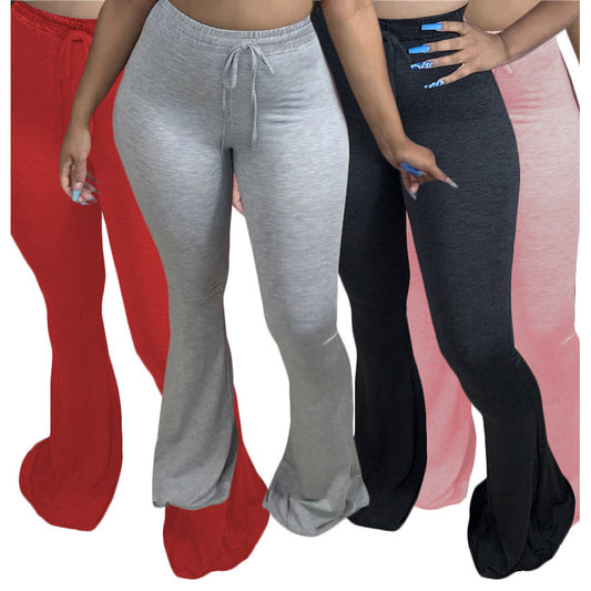 S3875 Amazon Independent Site European and American Export Women's Sexy Pure Color Casual Tight High Waist Strap Flared Pants