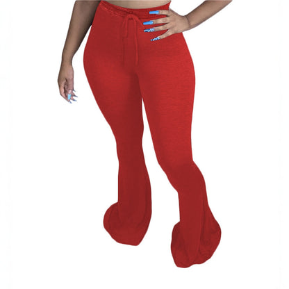 S3875 Amazon Independent Site European and American Export Women's Sexy Pure Color Casual Tight High Waist Strap Flared Pants
