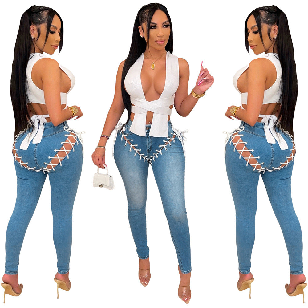 S390231 Cross-Border European and American Casual Ripped Tassel Jeans Fashionable and Personalized Eyelet Strap Denim Pants