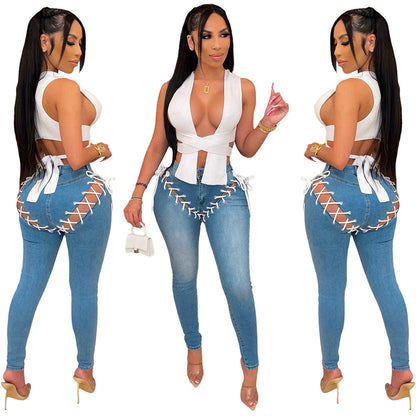 S390231 Cross-Border European and American Casual Ripped Tassel Jeans Fashionable and Personalized Eyelet Strap Denim Pants