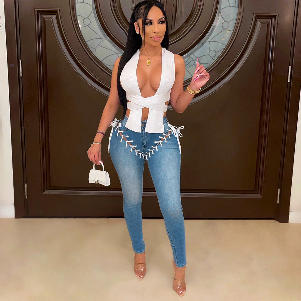 S390231 Cross-Border European and American Casual Ripped Tassel Jeans Fashionable and Personalized Eyelet Strap Denim Pants