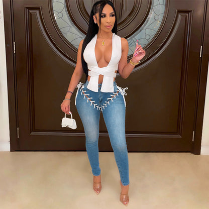 S390231 Cross-Border European and American Casual Ripped Tassel Jeans Fashionable and Personalized Eyelet Strap Denim Pants