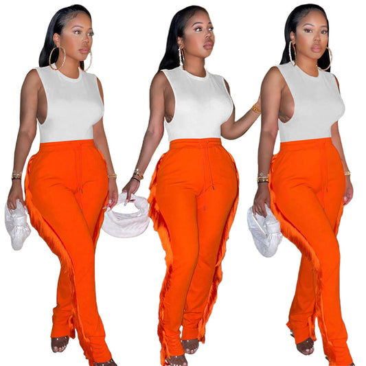S390255 European and American Clothing Amazon Supply Pure Color Sexy Drawstring Elastic Waist Side Tassel Casual Pants for Women