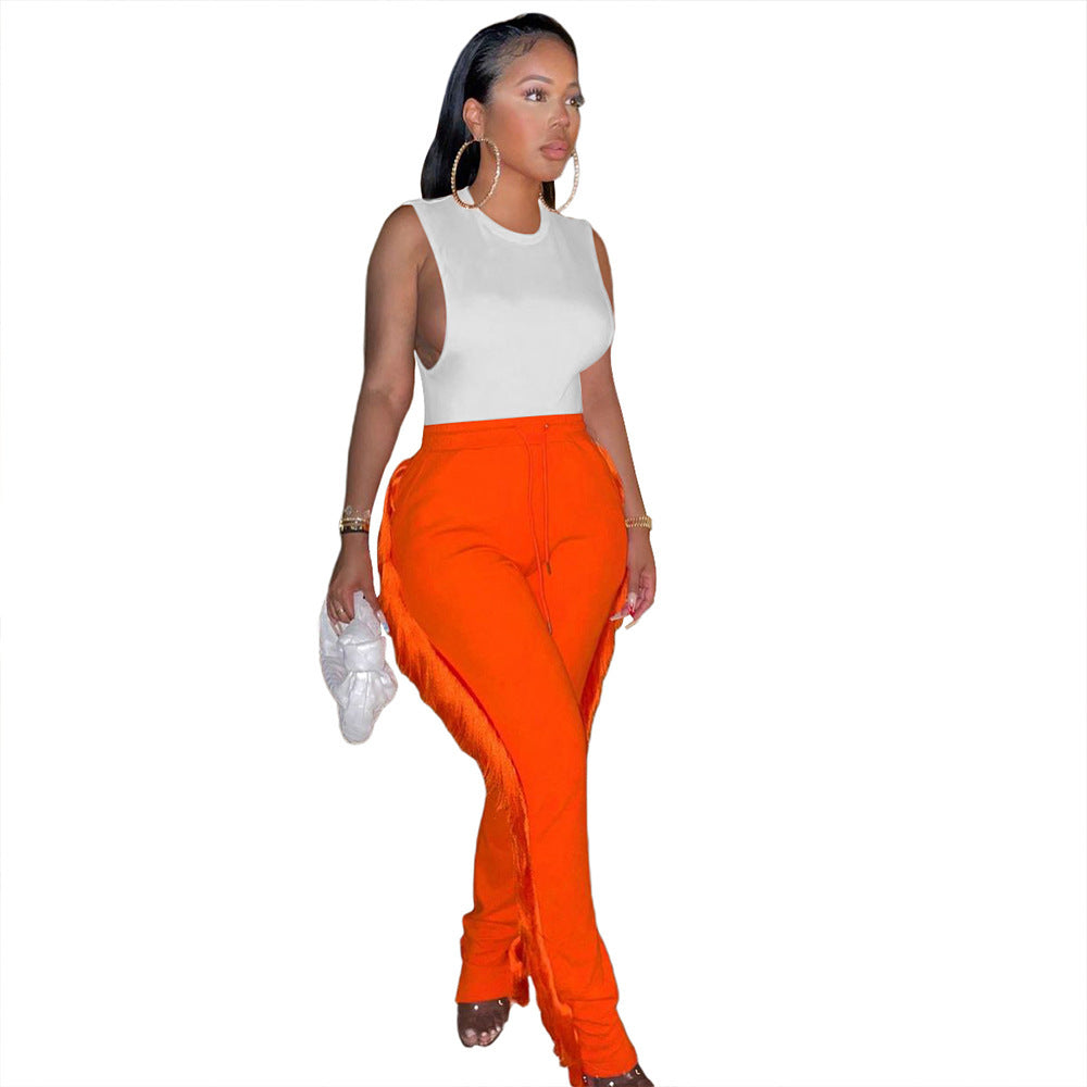 S390255 European and American Clothing Amazon Supply Pure Color Sexy Drawstring Elastic Waist Side Tassel Casual Pants for Women