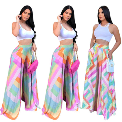 S390292 Foreign Trade Hot-Selling Spring and Summer Elegant Loose Printed Draped Wide-Leg Pants Women's Trousers High-Waisted Women's Wholesale