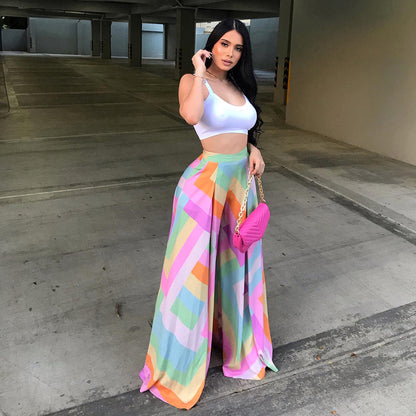 S390292 Foreign Trade Hot-Selling Spring and Summer Elegant Loose Printed Draped Wide-Leg Pants Women's Trousers High-Waisted Women's Wholesale