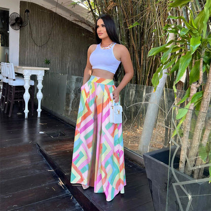 S390292 Foreign Trade Hot-Selling Spring and Summer Elegant Loose Printed Draped Wide-Leg Pants Women's Trousers High-Waisted Women's Wholesale
