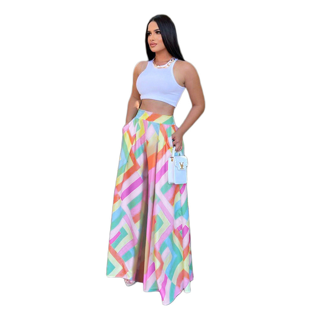 S390292 Foreign Trade Hot-Selling Spring and Summer Elegant Loose Printed Draped Wide-Leg Pants Women's Trousers High-Waisted Women's Wholesale