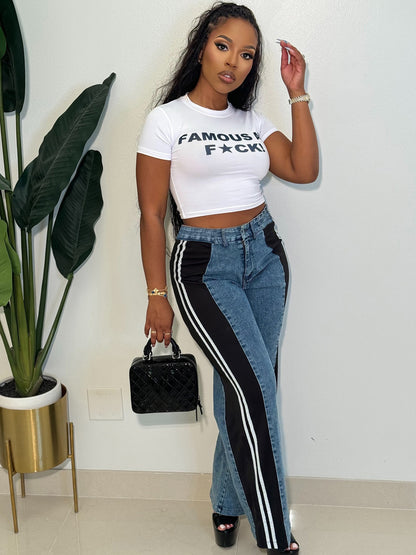 S391301 Cross-Border European and American Fashion Patchwork Stripesd Wide-Leg Denim Pants for Women Casual High-Waisted Straight Pants