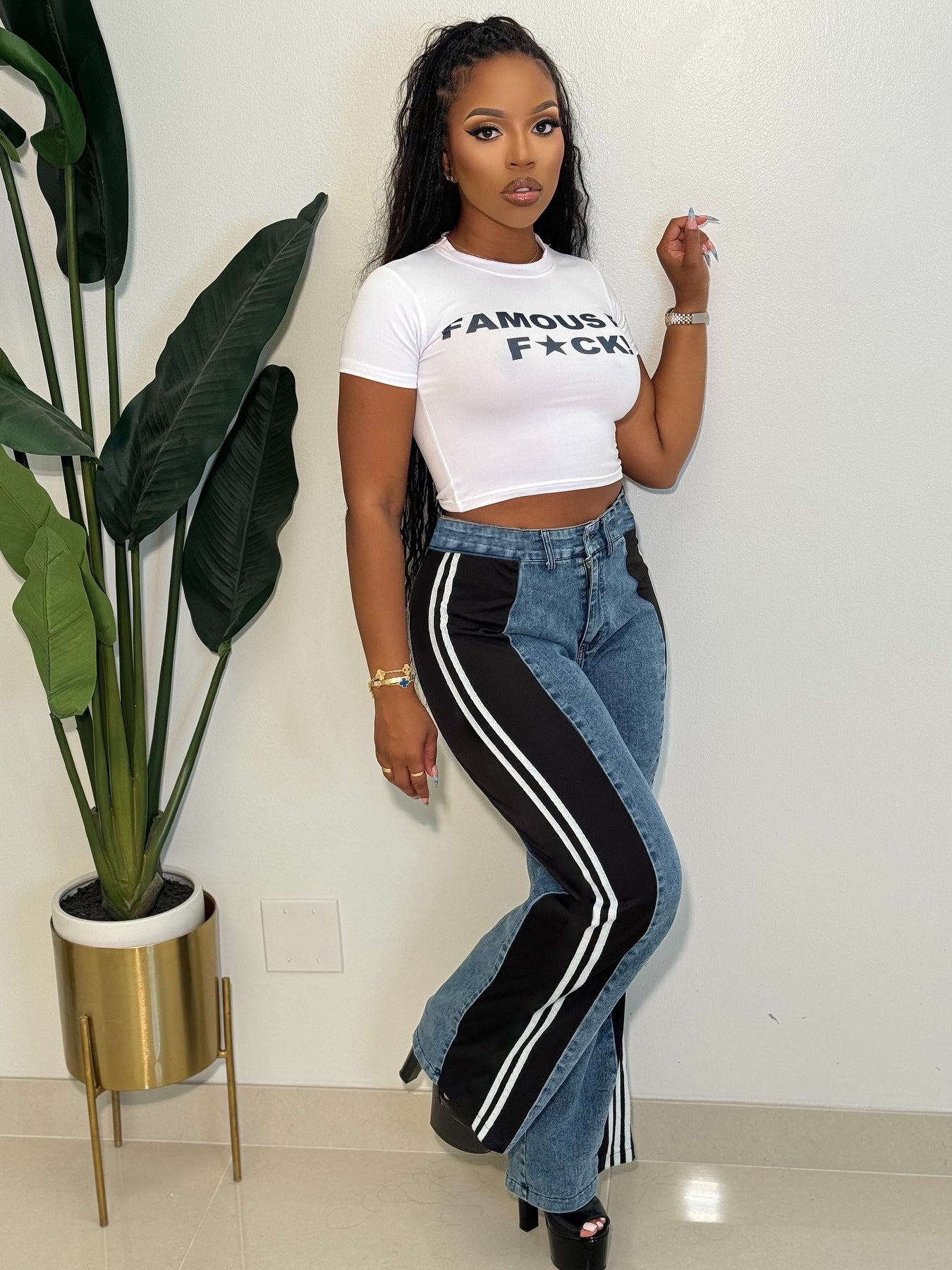 S391301 Cross-Border European and American Fashion Patchwork Stripesd Wide-Leg Denim Pants for Women Casual High-Waisted Straight Pants