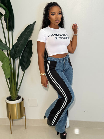 S391301 Cross-Border European and American Fashion Patchwork Stripesd Wide-Leg Denim Pants for Women Casual High-Waisted Straight Pants