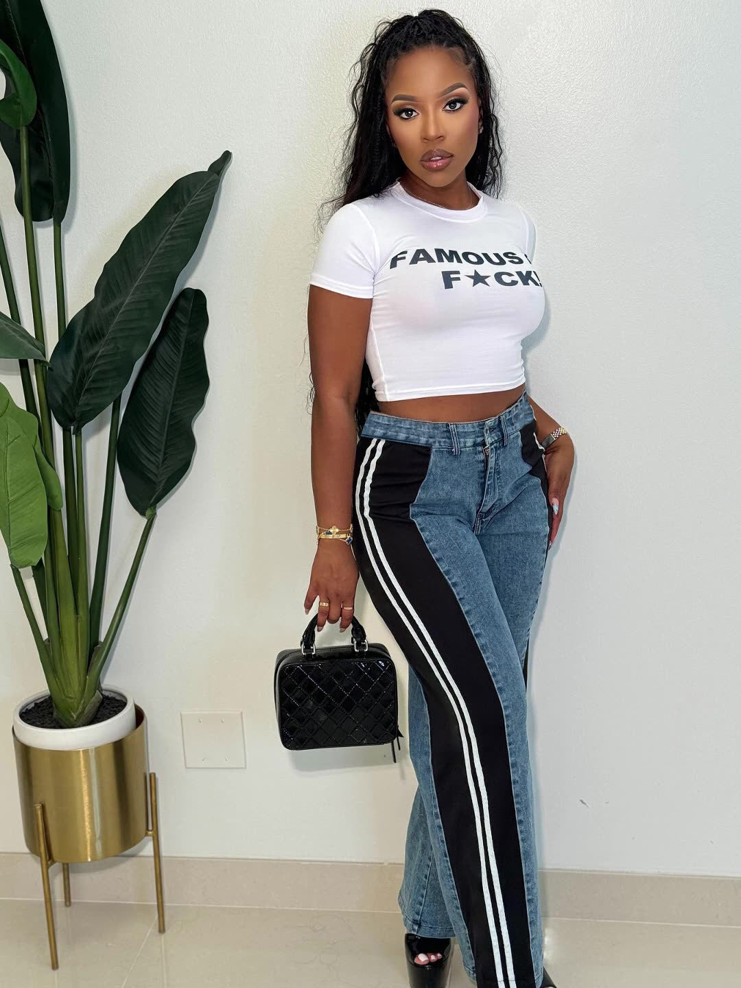 S391301 Cross-Border European and American Fashion Patchwork Stripesd Wide-Leg Denim Pants for Women Casual High-Waisted Straight Pants