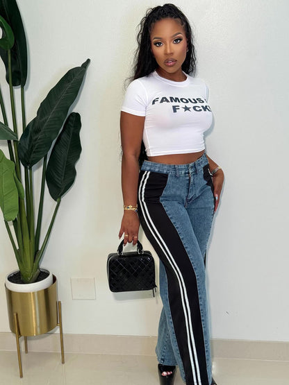 S391301 Cross-Border European and American Fashion Patchwork Stripesd Wide-Leg Denim Pants for Women Casual High-Waisted Straight Pants
