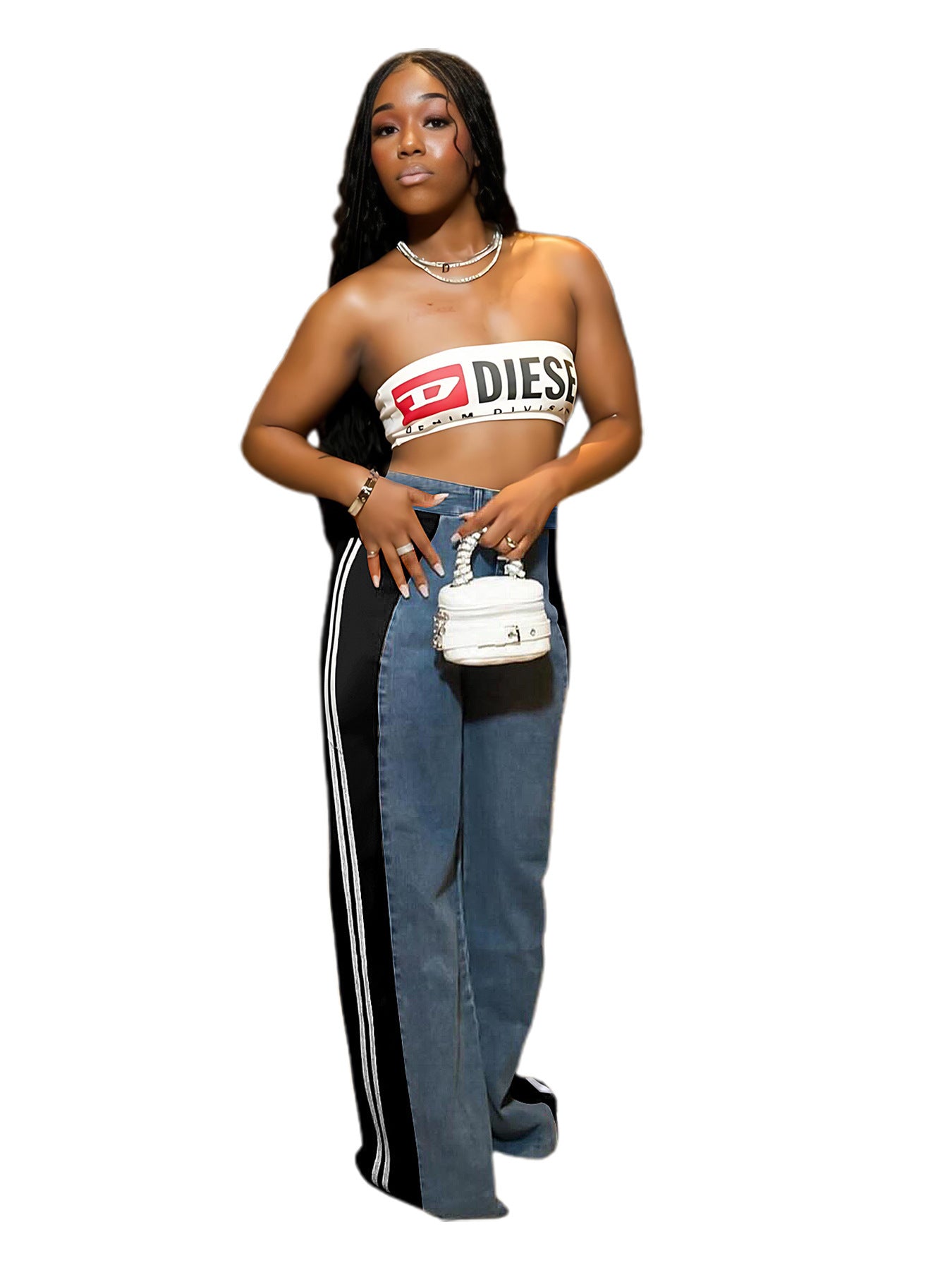 S391301 Cross-Border European and American Fashion Patchwork Stripesd Wide-Leg Denim Pants for Women Casual High-Waisted Straight Pants