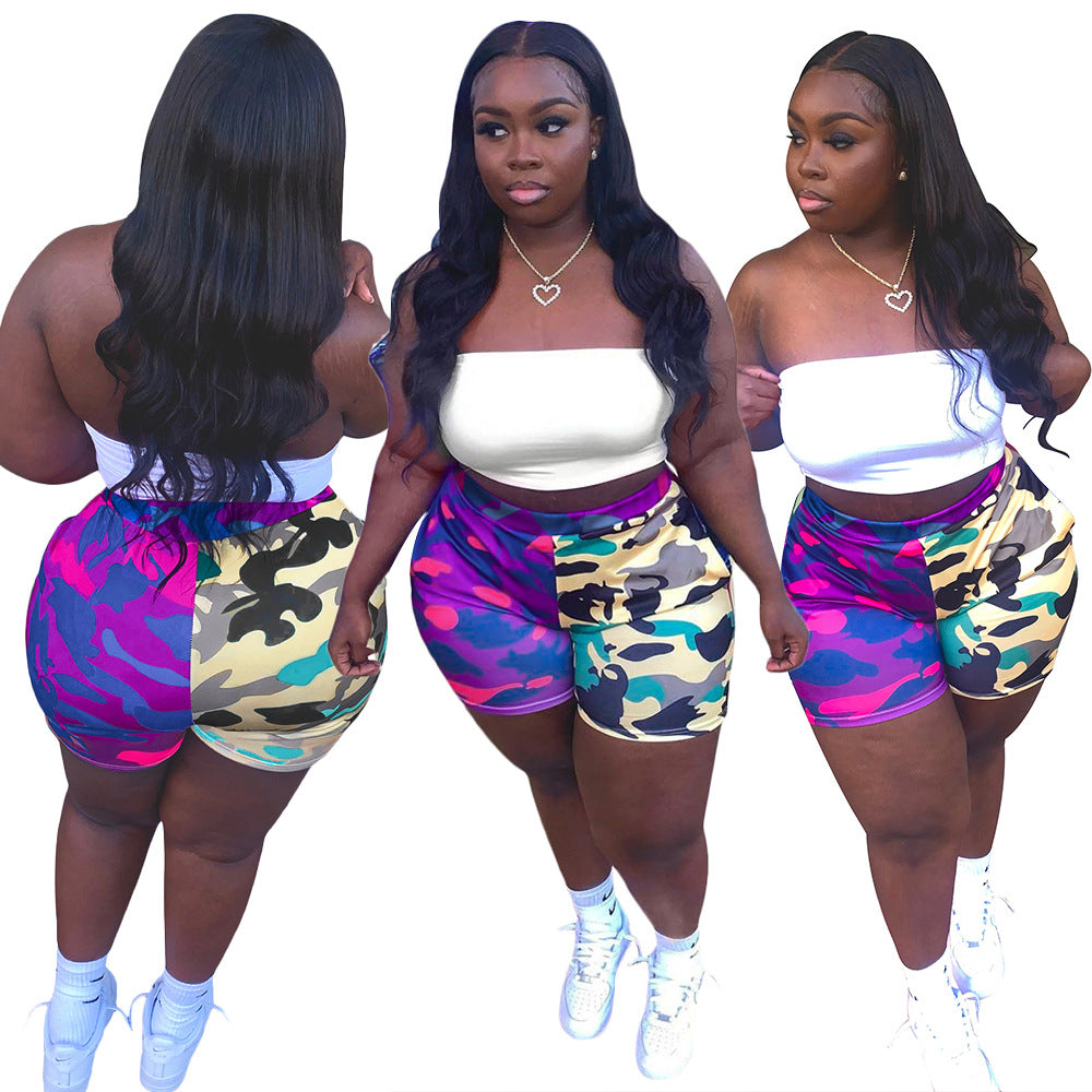S390163 Cross-Border Wholesale European and American Color-Blocked Camouflage Printed Shorts Women's Pants Straight Hot Pants