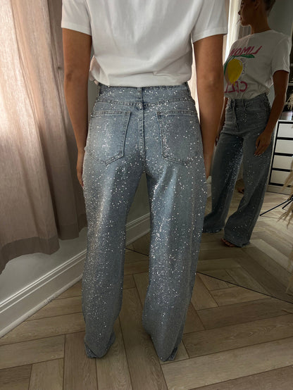 S391472 Cross-Border European and American Women's Casual Women's Color Rhinestone Straight Jeans Fashion All-Match Casual