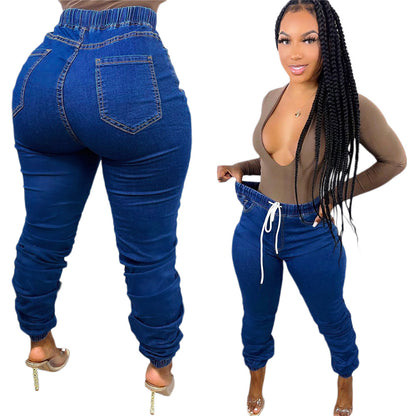 S390325 Cross-Border Wholesale Women's Clothing European and American Fashion Casual Elastic High Waist Drawstring Strap Jeans