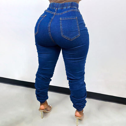 S390325 Cross-Border Wholesale Women's Clothing European and American Fashion Casual Elastic High Waist Drawstring Strap Jeans