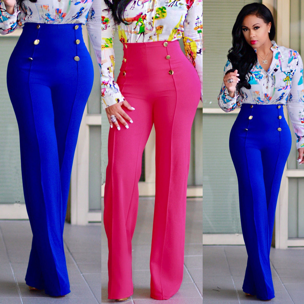 S2006-0 Wish Hot-Selling European and American Hot-Selling Slim Double-Breasted Wide-Leg Casual Pants Two Colors and Four Colors in Stock 1