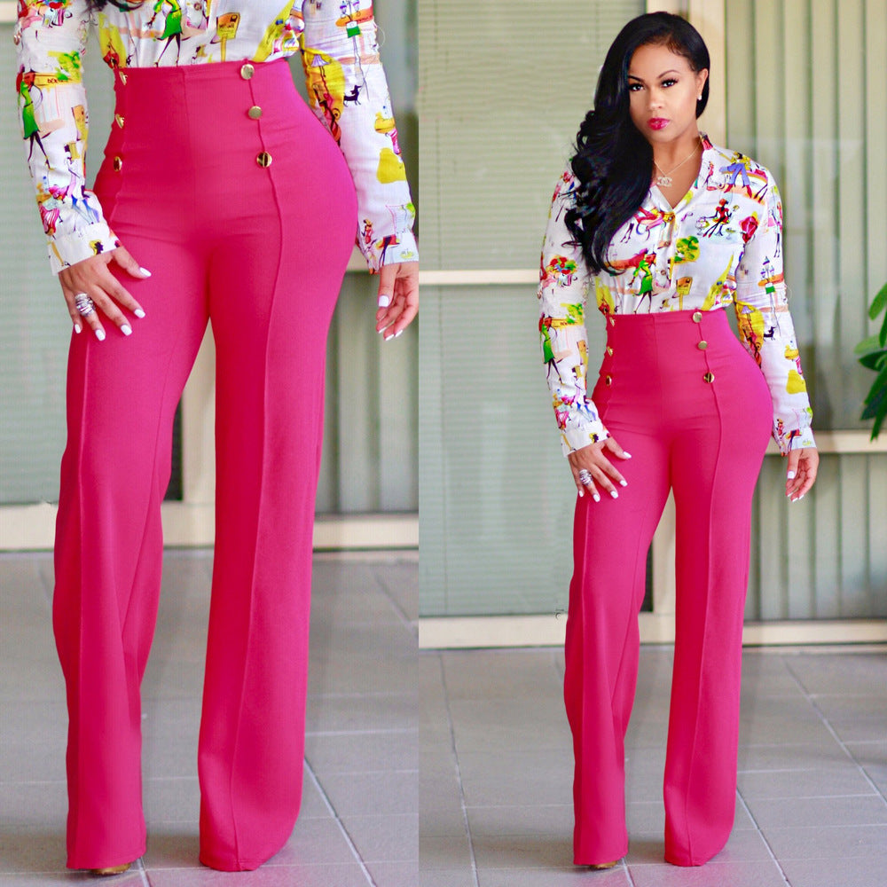 S2006-0 Wish Hot-Selling European and American Hot-Selling Slim Double-Breasted Wide-Leg Casual Pants Two Colors and Four Colors in Stock 1