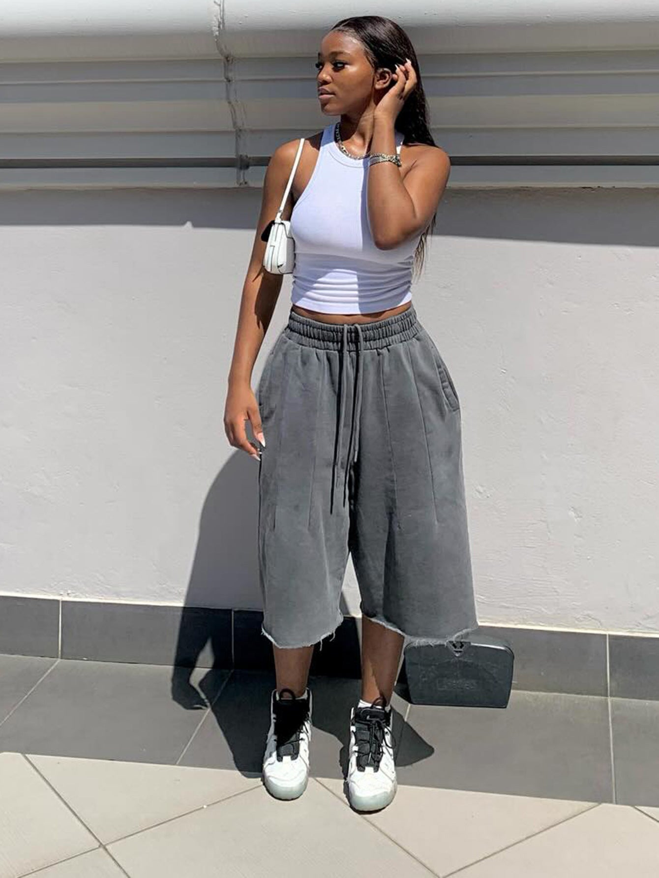 S391515 Cross-Border Women's Washed Gray Loose Wide-Leg Pants Casual Elastic Drawstring Waist Frayed Hem Cropped Pants