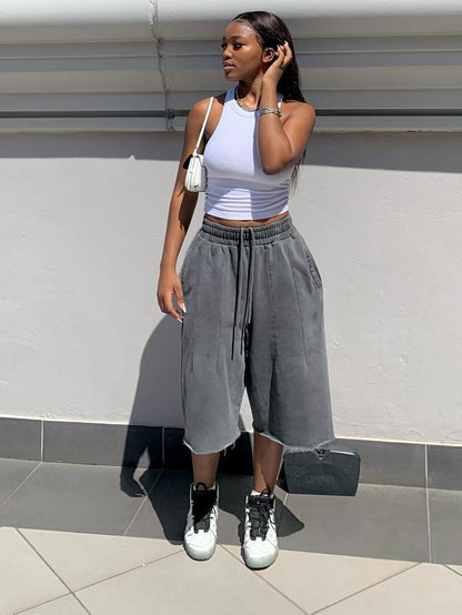 S391515 Cross-Border Women's Washed Gray Loose Wide-Leg Pants Casual Elastic Drawstring Waist Frayed Hem Cropped Pants