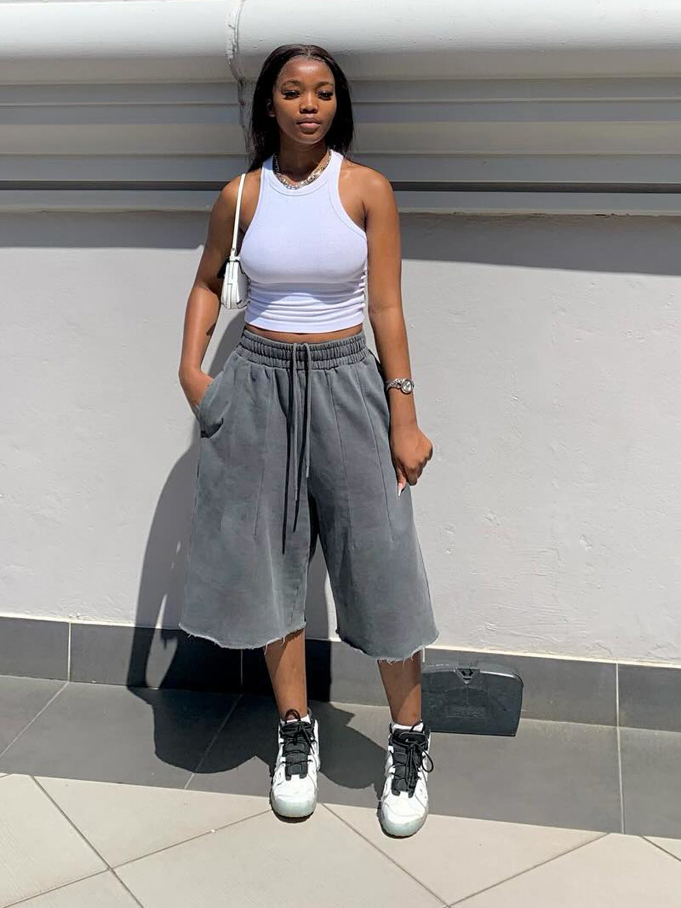 S391515 Cross-Border Women's Washed Gray Loose Wide-Leg Pants Casual Elastic Drawstring Waist Frayed Hem Cropped Pants