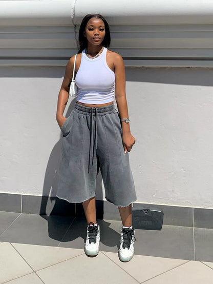 S391515 Cross-Border Women's Washed Gray Loose Wide-Leg Pants Casual Elastic Drawstring Waist Frayed Hem Cropped Pants