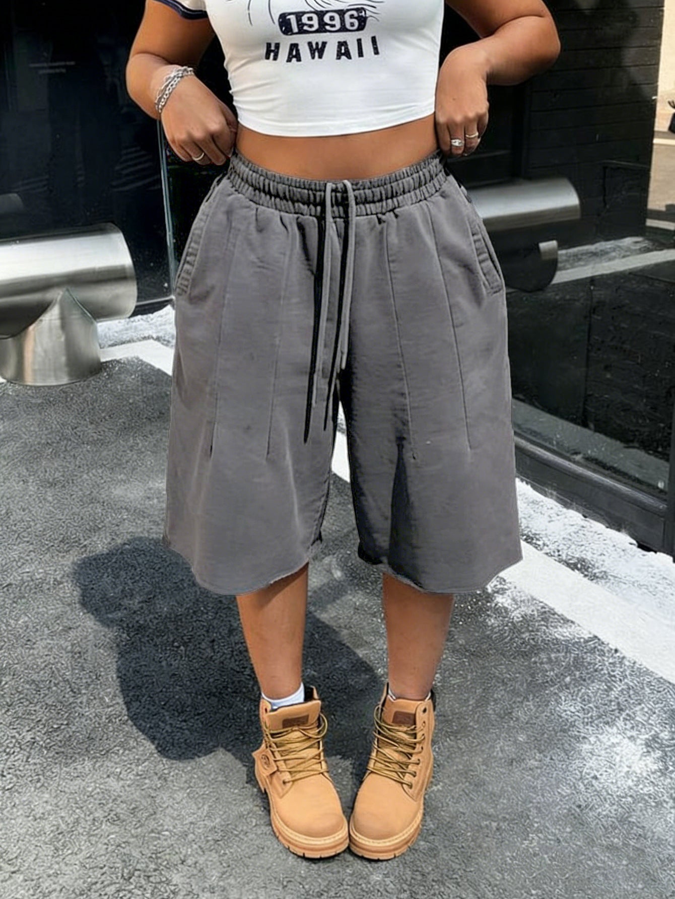 S391515 Cross-Border Women's Washed Gray Loose Wide-Leg Pants Casual Elastic Drawstring Waist Frayed Hem Cropped Pants