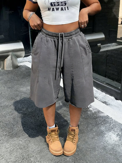 S391515 Cross-Border Women's Washed Gray Loose Wide-Leg Pants Casual Elastic Drawstring Waist Frayed Hem Cropped Pants